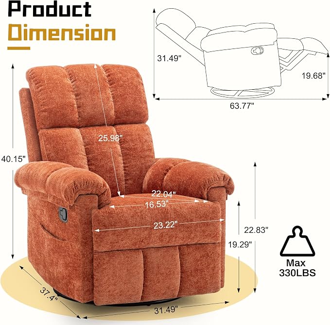 Korser Recliner Chair, Swivel Rocker Recliner Chair - Image 2