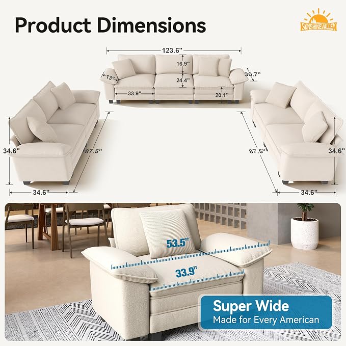 SUNSHINE VALLEY 3 Piece Living Room Sofa Furniture Set, Chenille Modular 2 - Image 2