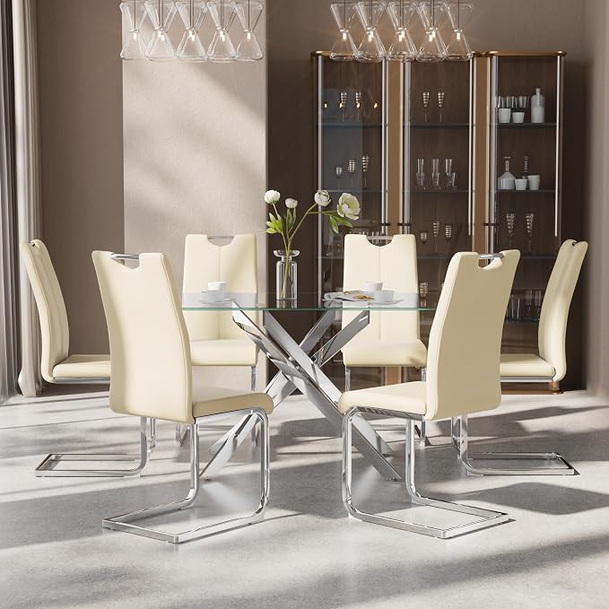 7-Piece Dining Table Set for 6, Modern Rectangular Glass Table - Image 3
