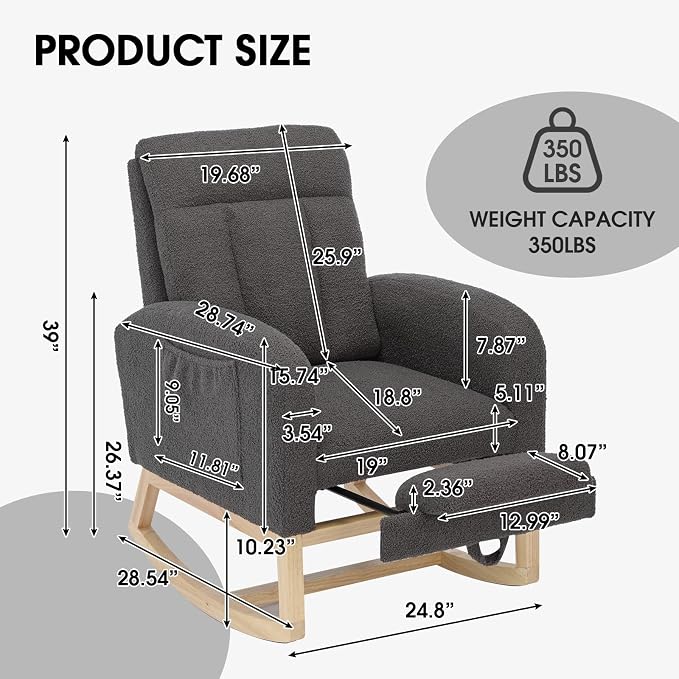 NIOIIKIT Modern Nursery Rocking Chair, Teddy Upholstered Rocking Chair - Image 2