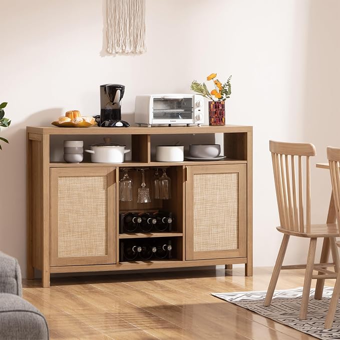 SICOTAS Rattan Coffee Bar Cabinet, Boho Liquor Wine Cabinet Set of 2 Credenza - Image 8