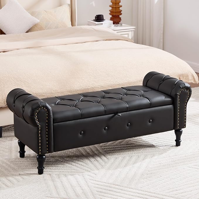 Storage Bench for Bedroom, Faux Leather 51" End of Bed Bench, Queen Size Bench by HOMYKA