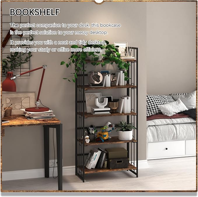 4NM No Assembly 5 Tiers Folding Bookshelf, 59.4" H Foldable Storage Shelves - Image 3