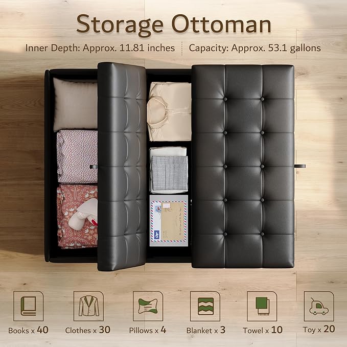LINLUX Extra Large Leather Storage Ottoman, 35.5 Inch Large Square Lift Top - Image 3
