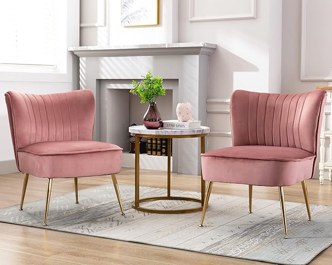 Velvet Accent Chairs Set of 2 Comfy Living Room Chair Armless Slipper Chair Mid by Janoray