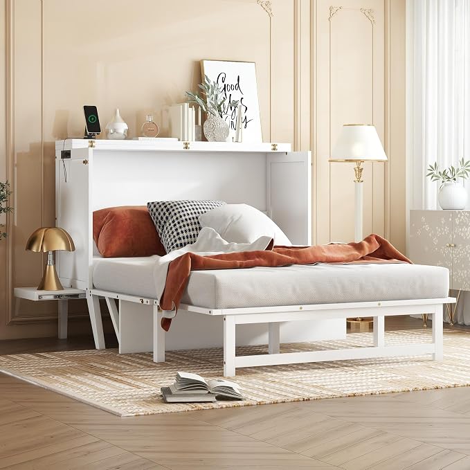 Full Size Murphy Bed with USB Port and Removable Shelves on Each Side, Solid - Image 4