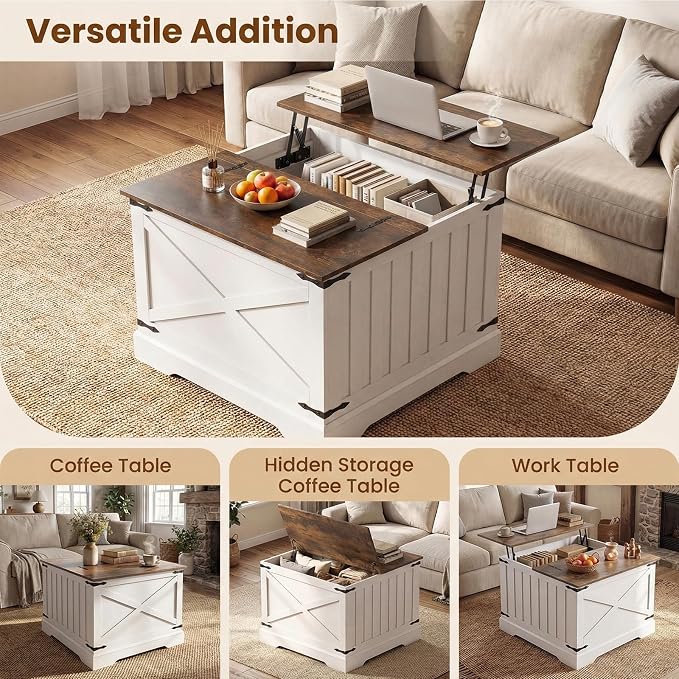 Giantex Farmhouse Lift Top Coffee Table, 31.5" Square Wood Center Table - Image 7