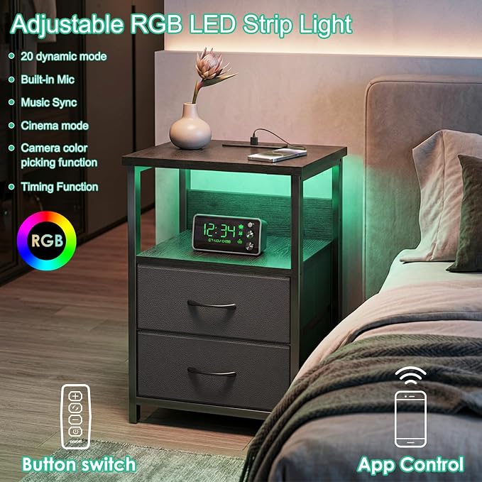 Fixwal Night Stand with Charging Station, LED Nightstand with U-S-B Ports and - Image 4