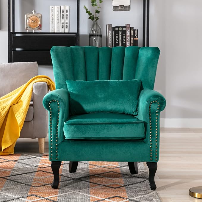Mid Century Accent Chair Modern Tufted Wingback Armchairs Club Chair Velvet - Image 2