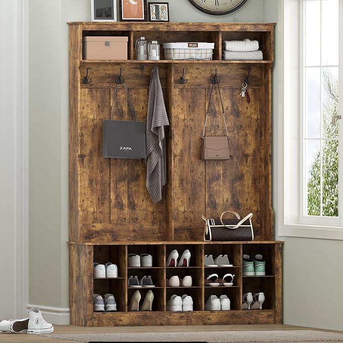 Wodeer Hall Tree with Bench and Shoe Storage, 6 Hooks, 12 Shoe Cubbies - Image 7