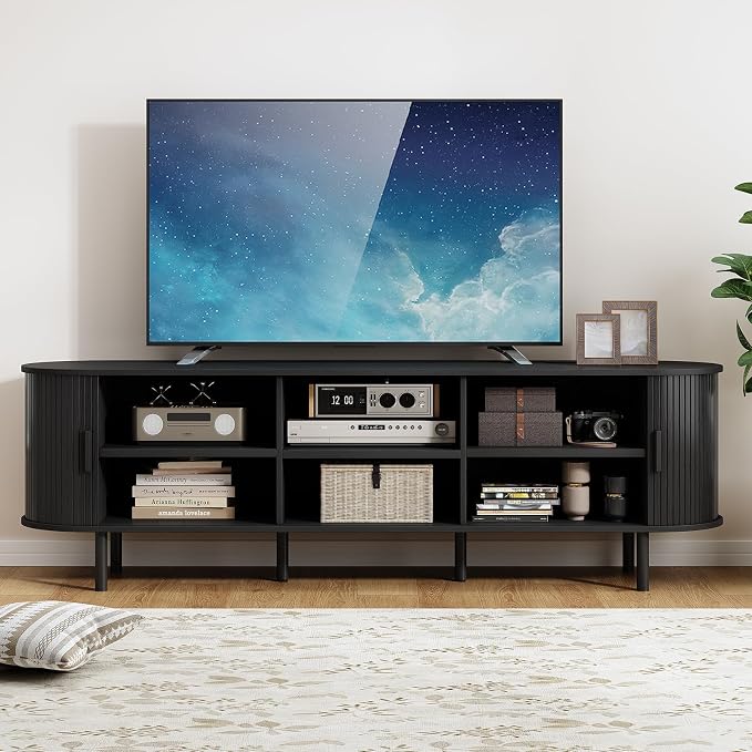 70.8" TV Stand with Power Outlet, Mid-Century Modern Television Stand, Fluted - Image 4