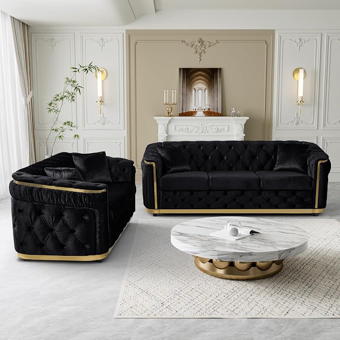 DAMAIFROM Velvet Couch Black and Gold Sofa Luxury Loveseat 84.6" Mid Century - Image 7