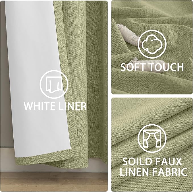 Yakamok Sage Green Linen Curtains 100% Blackout 96 Inches Long, Room Darkening - Image 6