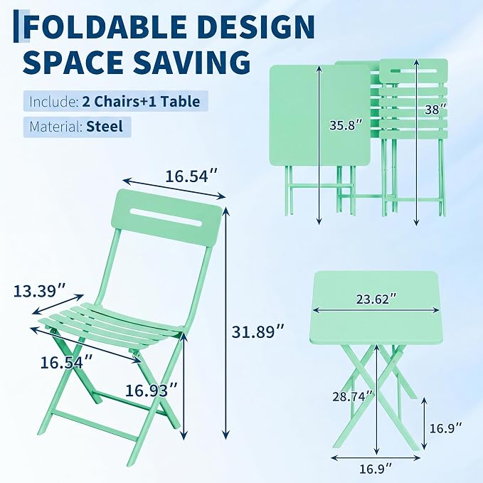 GarveeTech 3-Piece Folding Bistro Set, Heavy Duty Outdoor Patio Furniture - Image 2