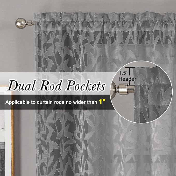 Lecloud Leia Clip Leaf Charcoal Grey Curtains Tiers Sheer Valances - Image 2