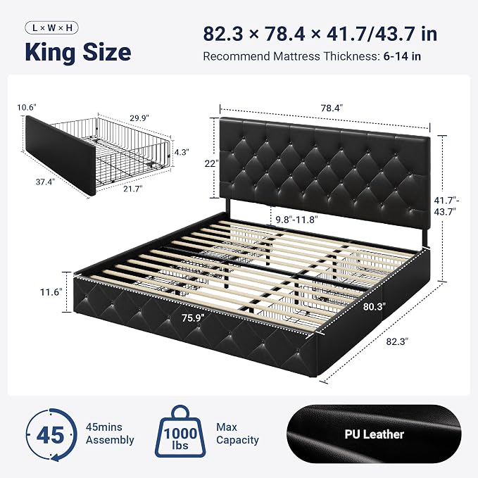 Allewie King Size Black Metal Faux Leather Platform Bed Frame - Image 2