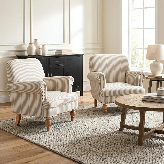 Khaki Striped Linen Fabric Accent Chair, Modern Farmhouse Upholstered Armchair - Image 8