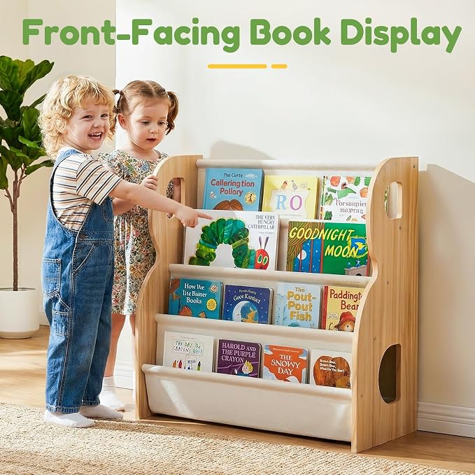 XiaZ Child Book Shelf Wooden Montessori Toddler Bookshelf Solid Pine B-Frame - Image 5