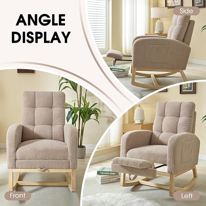 NIOIIKIT Modern Nursery Rocking Chair, Teddy Upholstered Rocking Chair - Image 8