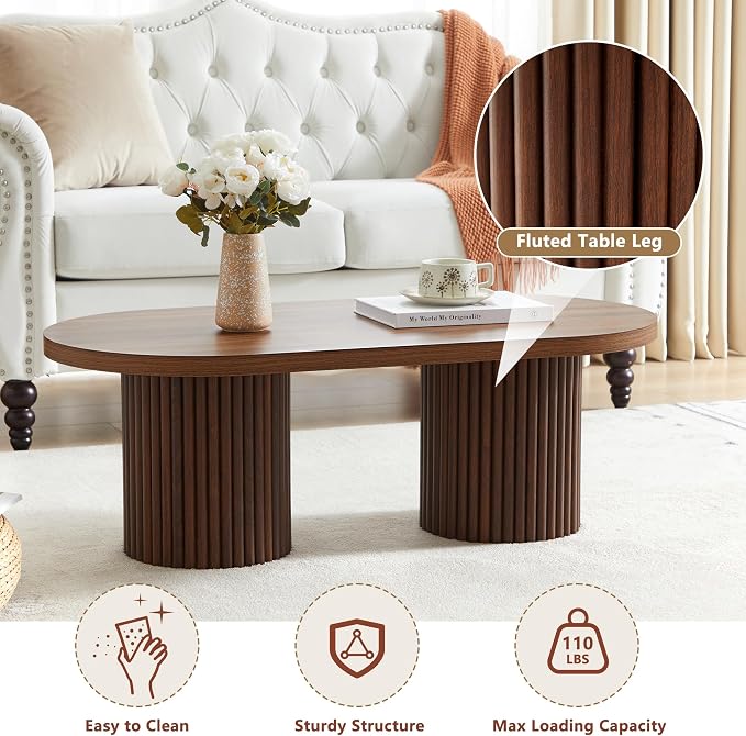 Oval Fluted Coffee Table, Farmhouse Wood Coffee Table Mid Century Modern Center - Image 5