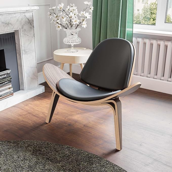 Modern Shell Lounge Accent Chairs, Faux Genuine Leather Mid Century Armless - Image 5