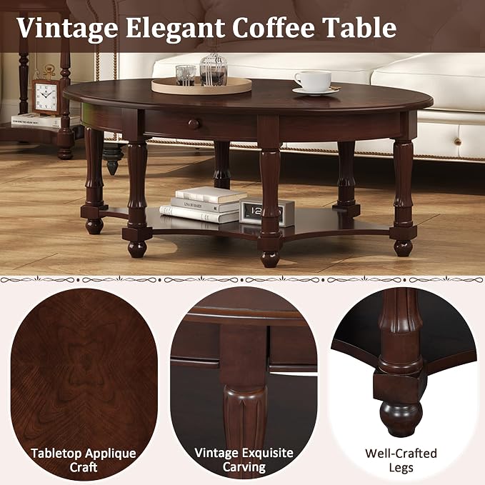Merax 45" Vintage Oval Rubber Wood Coffee Table - Image 4
