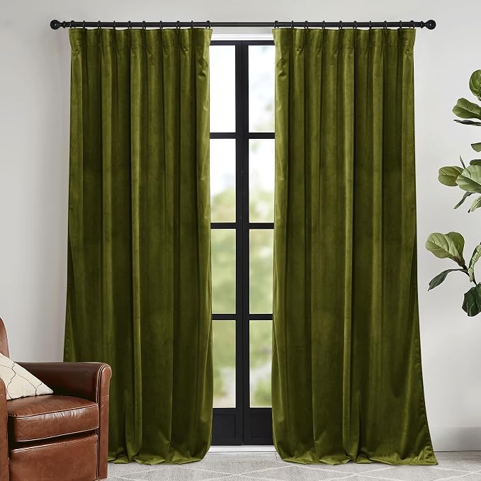 RYB HOME Moss Green Velvet Curtains 84 inches, Luxury and Soft Velvet Fabric by RYBHOME