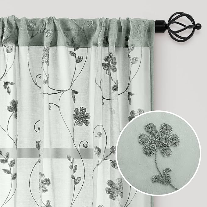 HOMEIDEAS Sage Green Sheer Curtains 63 Inches Length 2 Panels Embroidered - Image 4