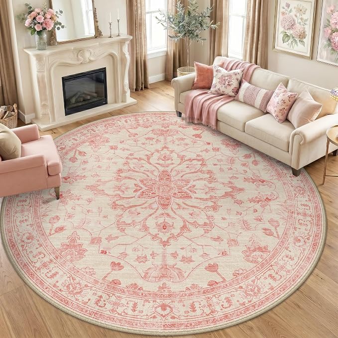 RELEANY Area Rugs Round 8ft Washable Non-Slip, Floral Vintage Distress Print by RELEANY