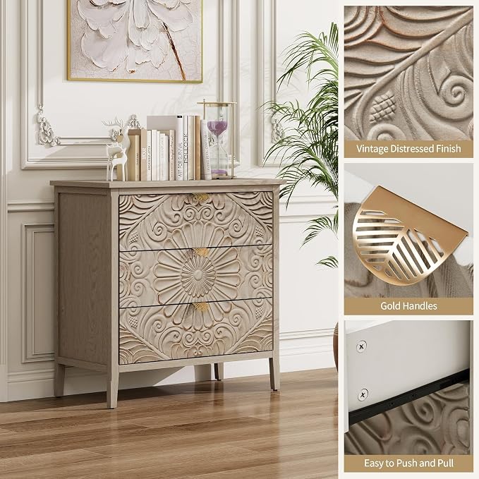 31.5" Carved 3-Drawer Cabinet - Image 4