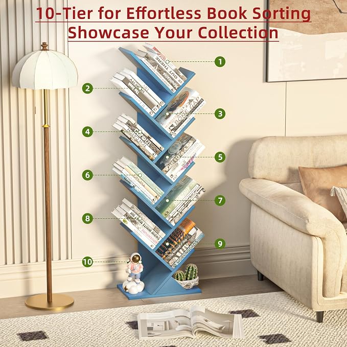 SHEEPAM 10 Tier Tree Book Shelf, Floor Standing Wood Bookshelf - Image 4