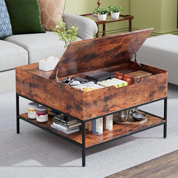 Coffee Table with Storage, Square Coffee Table with Display Shelf and Hidden by BIZOEIRON