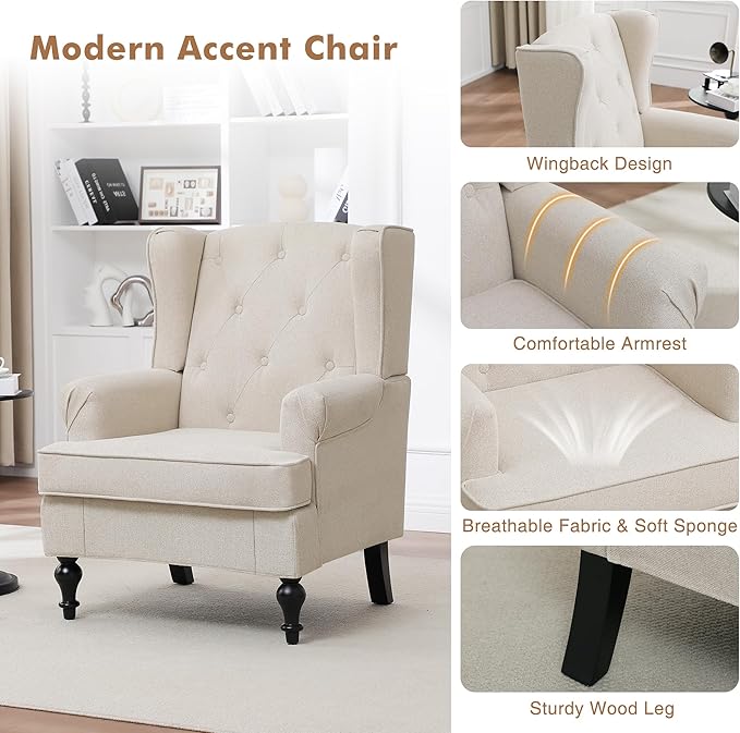 Accent Chair for Living Room, Mid Century Modern Upholstered Armchair, Wingback - Image 5