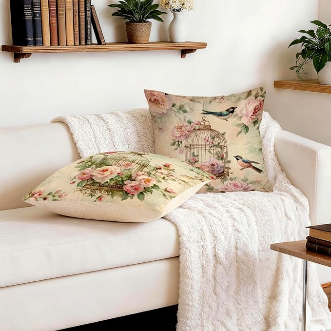OBSEDE Vintage Throw Pillow Covers Set of 2, 18x18 Inch Pink Rose and Bird Print - Image 9