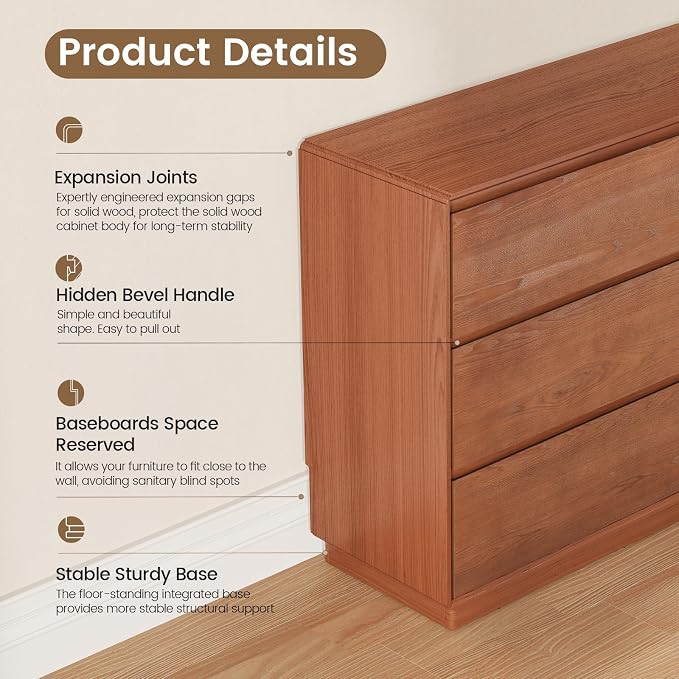 Solid Wood Dresser for Bedroom, Natural Solid Wood 6 Drawer Dresser, 55.2" Wide - Image 5