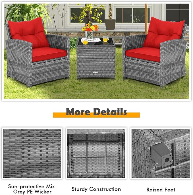 COSTWAY 3PCS Patio Furniture Set, PE Rattan Wicker Sofa w/Washable Cushion and - Image 7