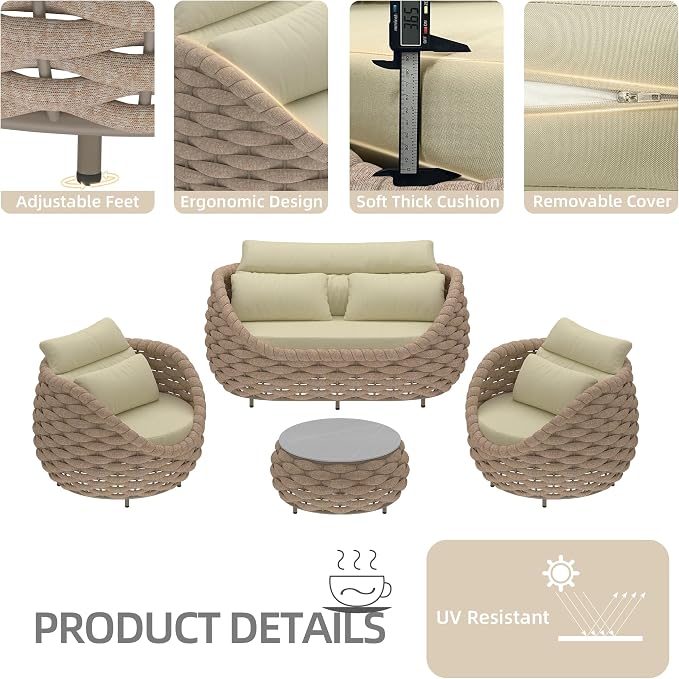 TWT Patio Furniture Sofa Set 4 Pieces Aluminum Outdoor Furniture w/25.6in - Image 8