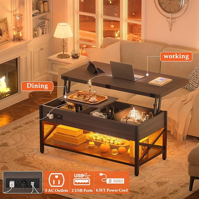 Aheaplus Coffee Table Lift Top Multi-Function Coffee Table Converts to Dining - Image 4