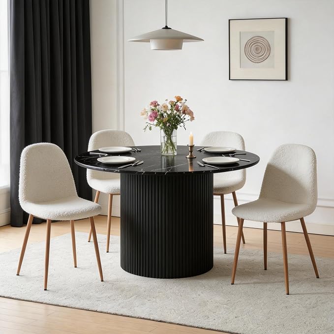 Dining Table Set for 4, Mid Century Modern 47 Inch Black Marble-Look Wooden - Image 5