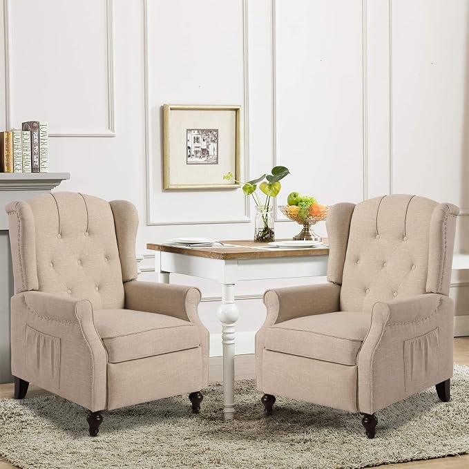 Wingback Recliner Chair with Massage and Heat, Tufted Fabric Push Back Recliner by Consofa