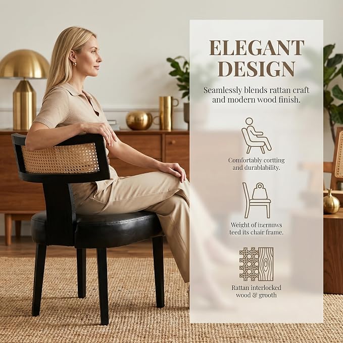 HNY Mid Century Modern Rattan Dining Chairs Set of 6, Farmhouse PU Leather - Image 5