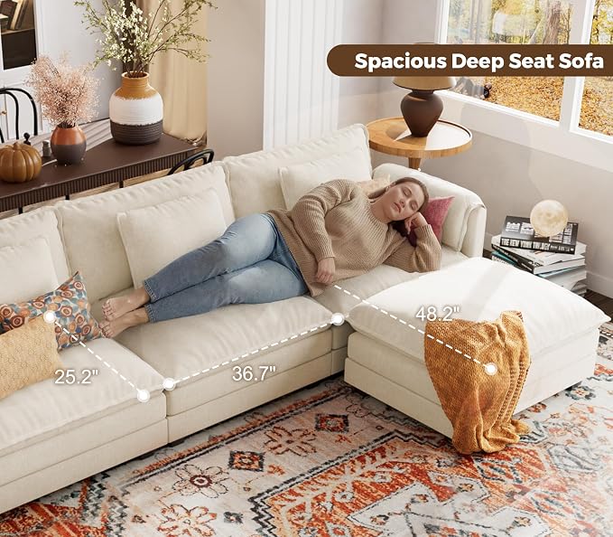 ELUCHANG 113'' Modular Sectional Cloud Couch, Modern Comfy Chenille Sleeper Sofa - Image 4