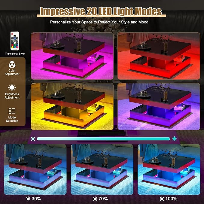 HedoAjim Red LED Coffee Table for Living Room, Living Room Table 2-Tier Square - Image 5