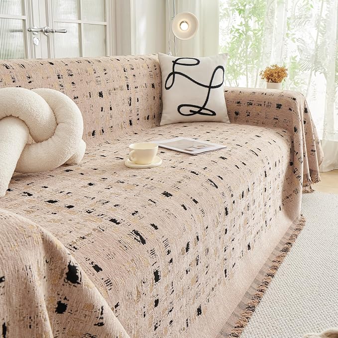 DREAMINGO Abstract Chenille Couch Cover Blanket Coffee Black Boho Sofa Cover - Image 7