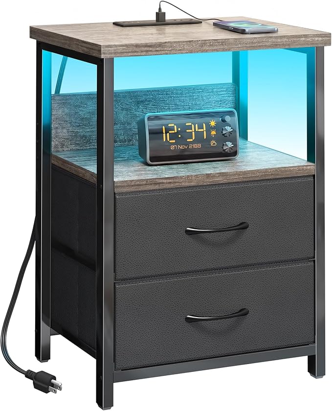 Fixwal Night Stand with Charging Station, LED Nightstand with U-S-B Ports and by Fixwal