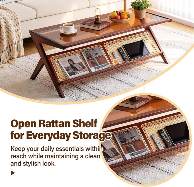 Tiita Rattan Coffee Table, Bamboo Accent Bedside Tables, Glass Nightstand Side - Image 7