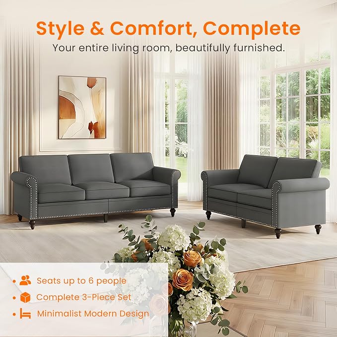 Living Room Sofa Sets 2 Piece, Modern 3 Seater Sofa and Loveseat Couch Sets - Image 3