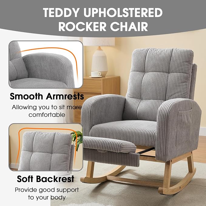 NIOIIKIT Nursery Rocking Chair, Corduroy Upholstered Rocking Chair - Image 6