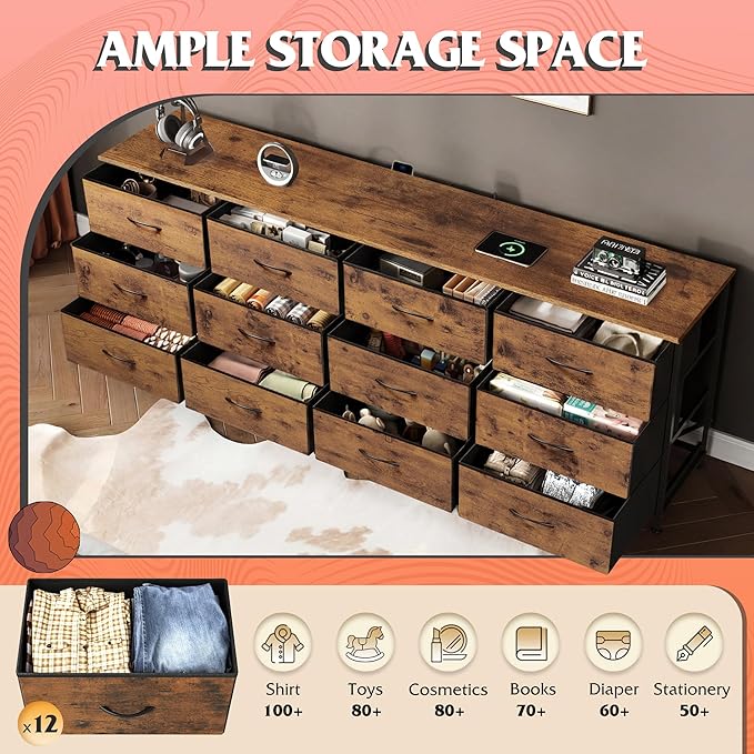 WLIVE 75.5'' Dresser for Bedroom, TV Stand for 85, 65 Inch TV, 12 Drawer Long - Image 5