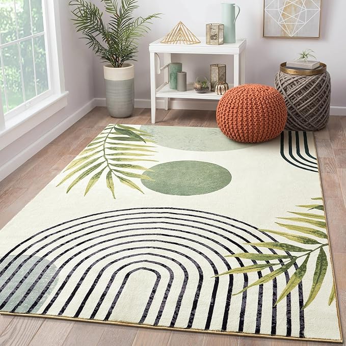 RoomTalks Boho Green Cute 3x5 Small Area Rugs Washable, Modern Abstract by RoomTalks